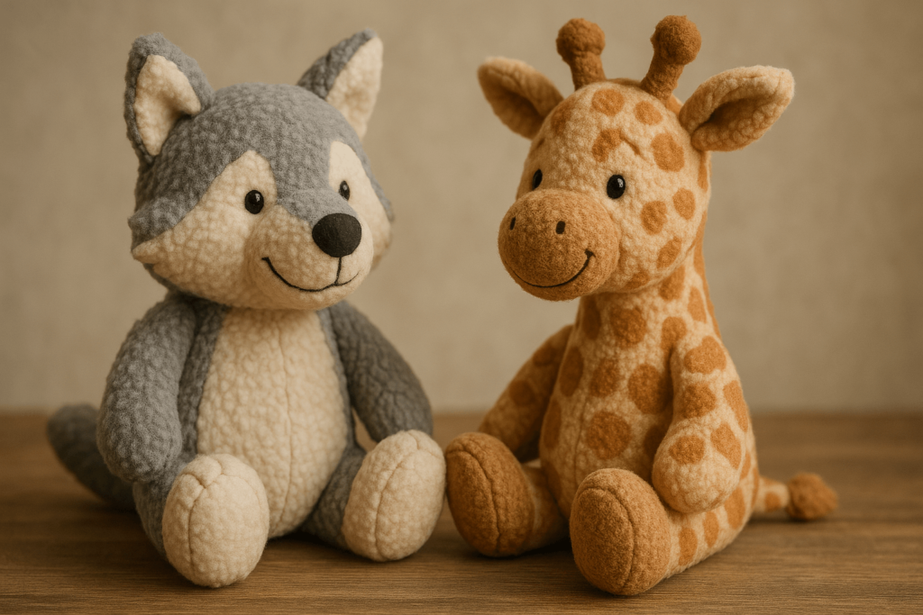 Zwei Stofftiere Wolf und Giraffe, die sich freundlich anschauen